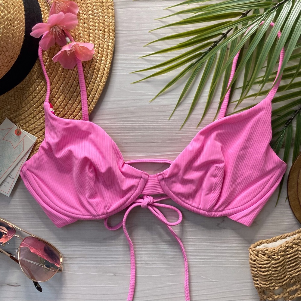 RARE Maaji 🌸 Pinkish Lollipop Reversible Floral Underwire Lace-Up Bikini Top ❤️